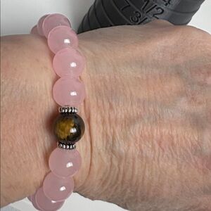 Tigers Eye 10mm Pink Rose Glass Stretch Bracelet Handmade